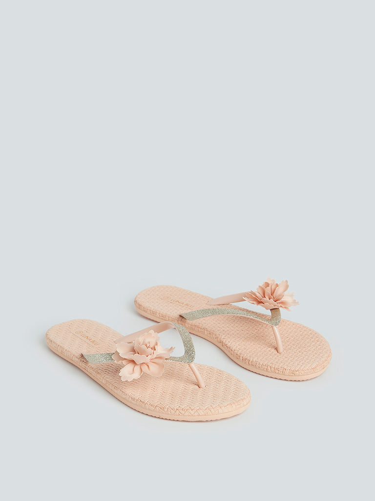 LUNA BLU Peach Floral Detail Flip-Flops